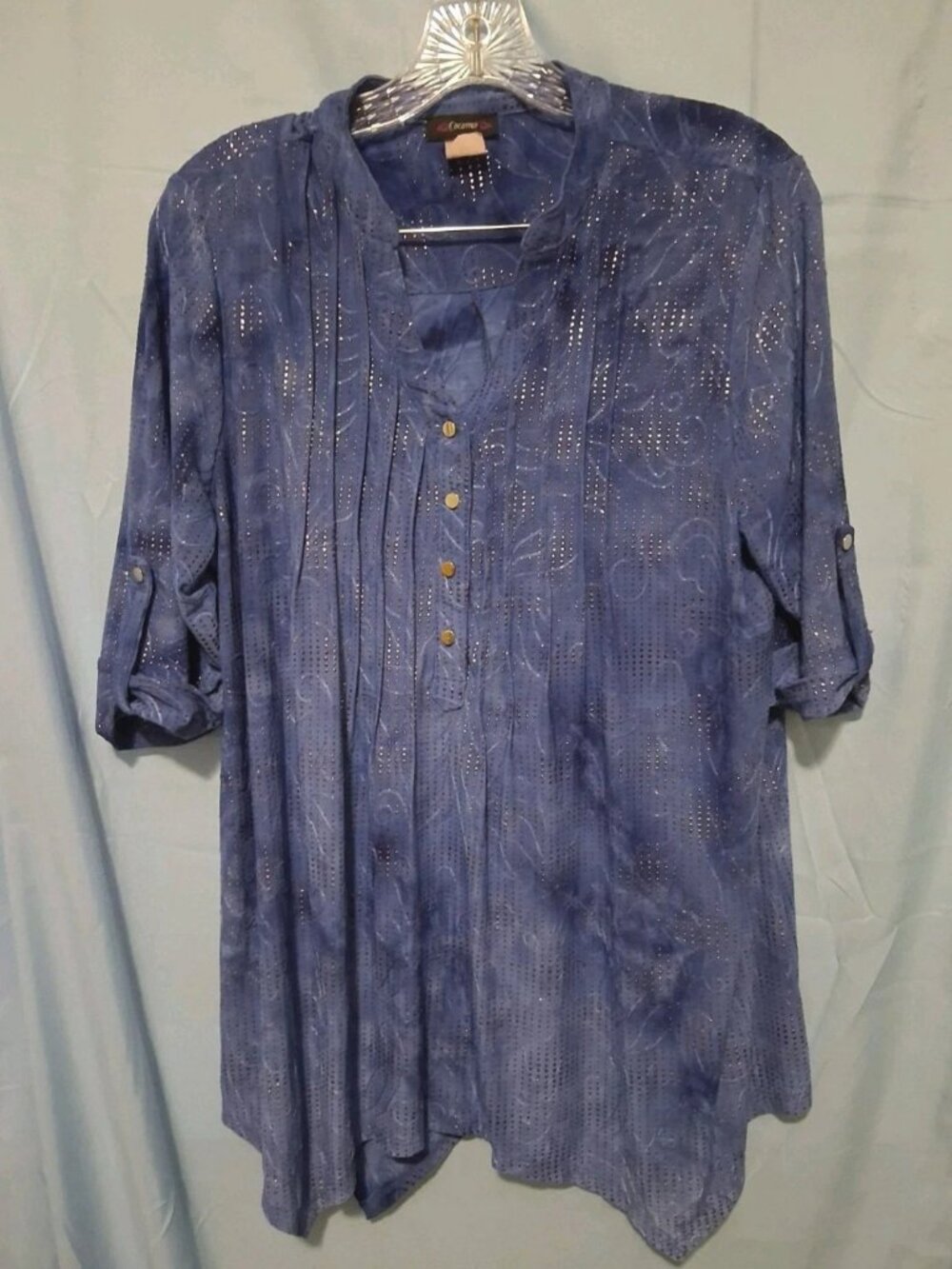 Womans Cocomo Blue Large Blouse with Speckled Metal Fabric Mandarin Collar